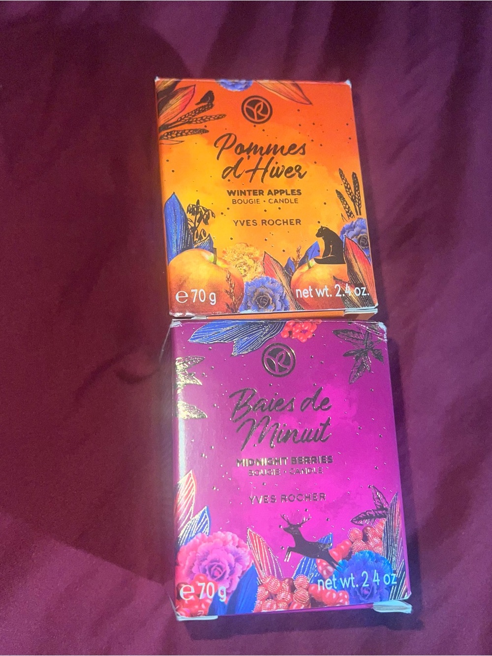 Yves Rocher Winter Apples & Midnight Berries Candle Set - Orange & Magenta